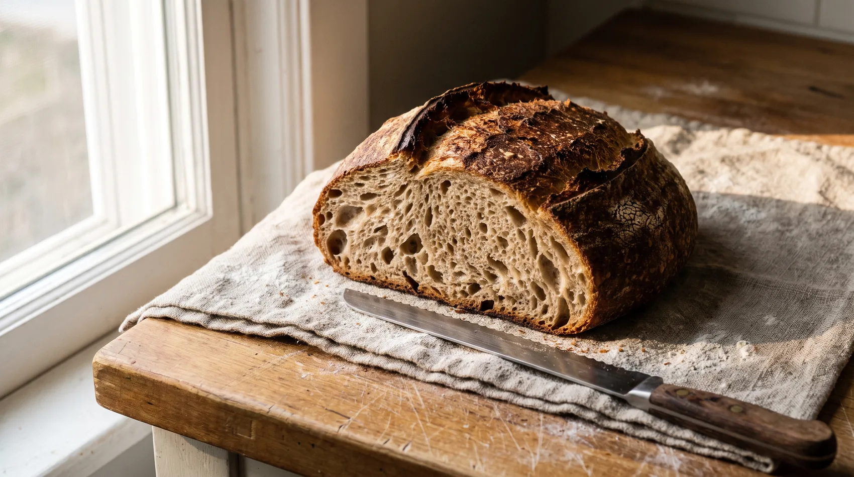 Aufgeschnittenes Sauerteigbrot auf Leinen