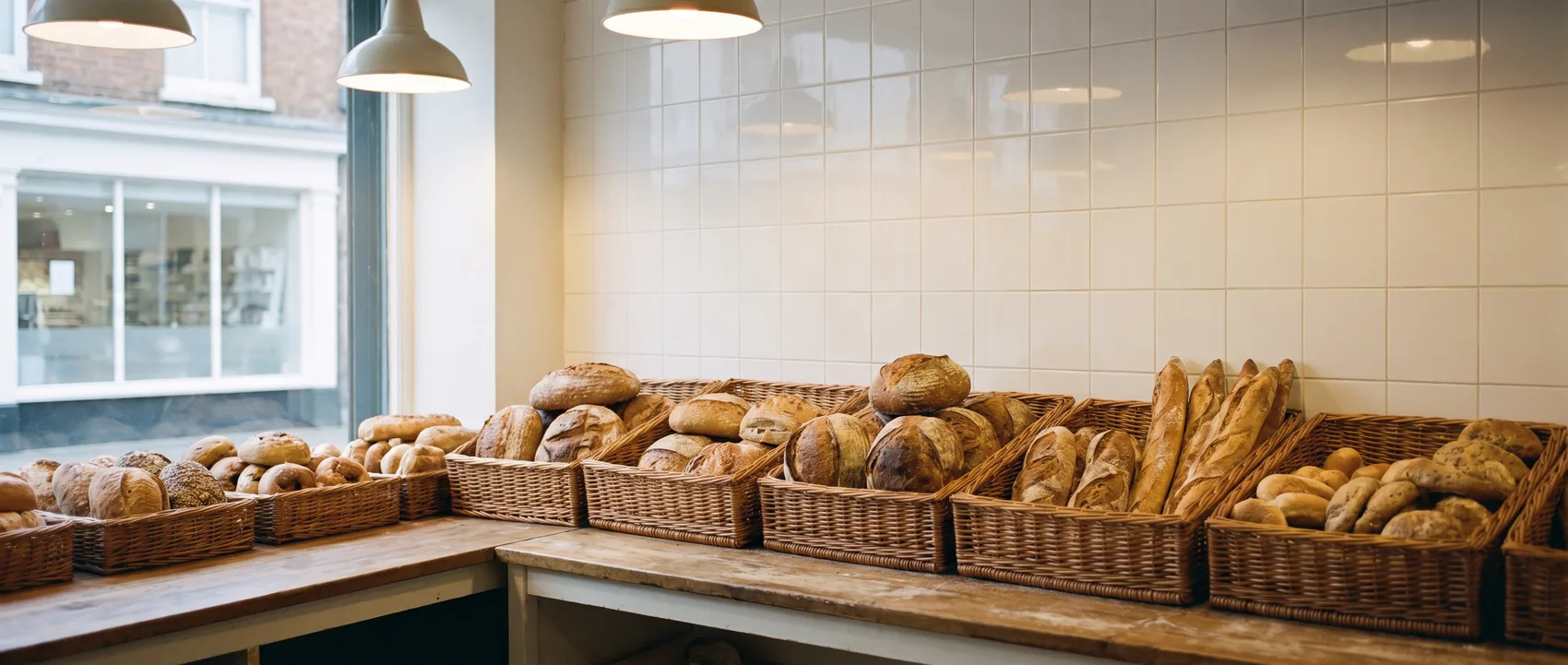 Ladentheke am Morgen, Weidenkörbe mit Broten und Brötchen vor weißen Fliesen