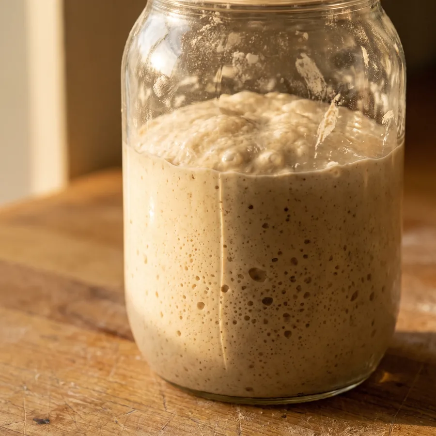Sauerteig-Anstellgut in einem hohen Glas auf der Backstube, Blasen an der Glaswand