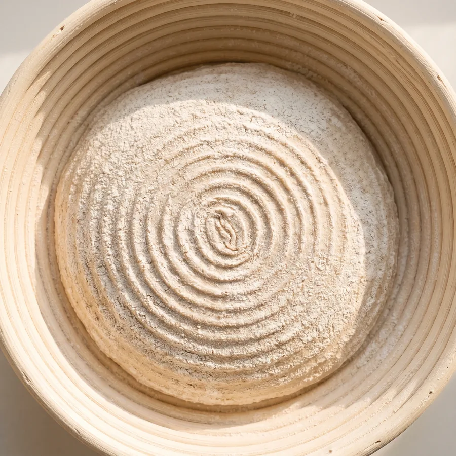 Teigling im Gärkorb, die Spirale des Korbs ist in die bemehlte Oberfläche gedrückt