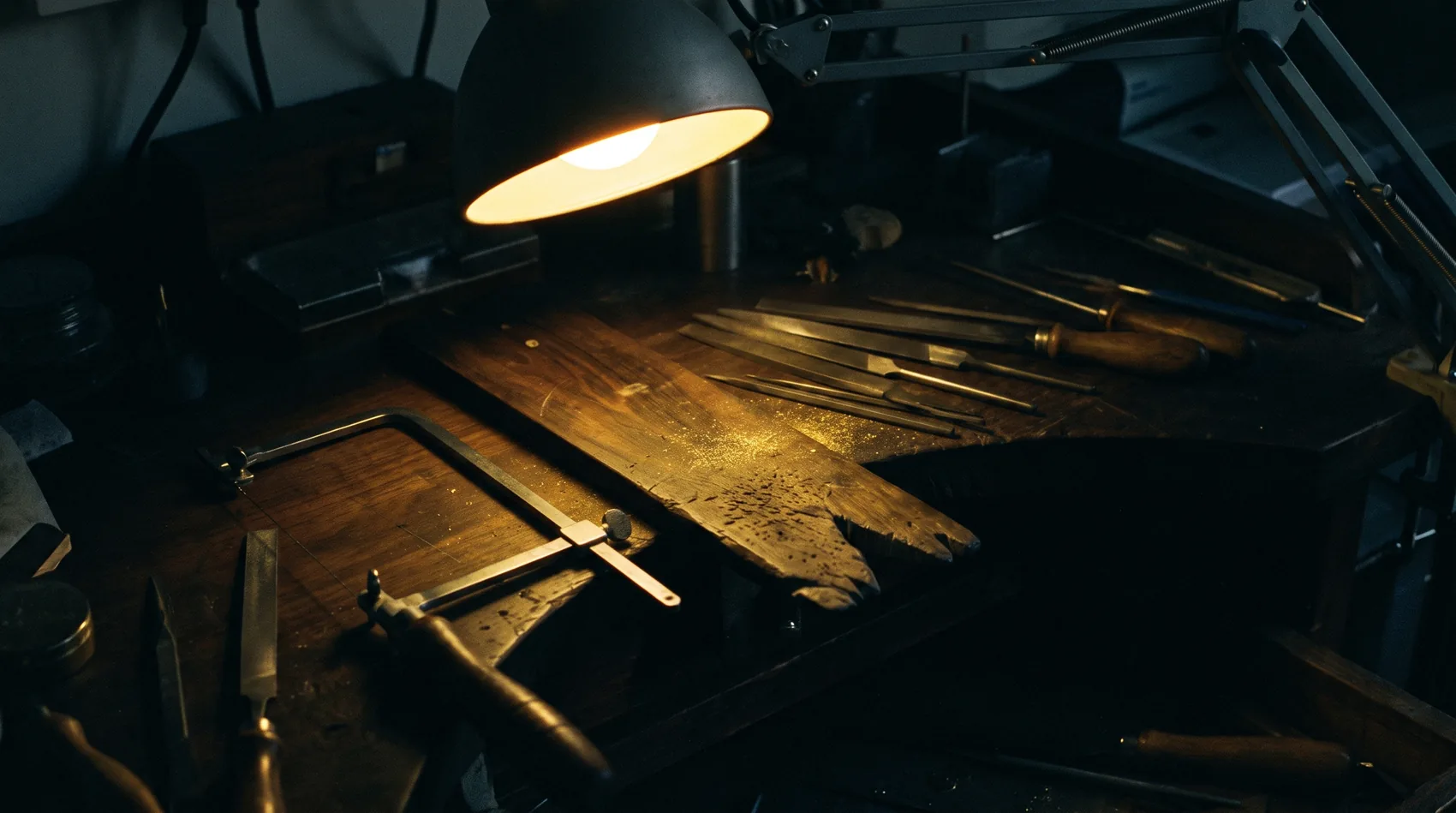 Goldschmiedewerkbank bei Nacht, eine Lampe wirft einen engen Lichtkegel auf Feilen und Sticheln